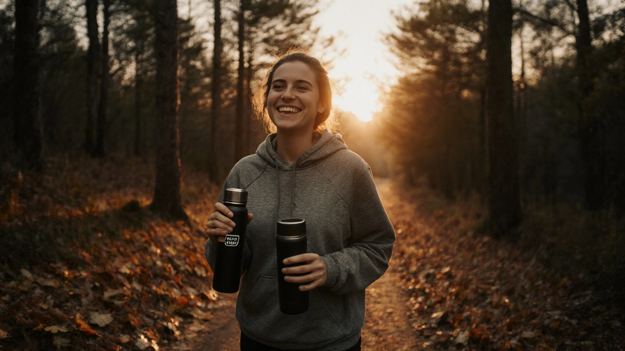 Человек идёт по лесу на закате с кофе без сахара