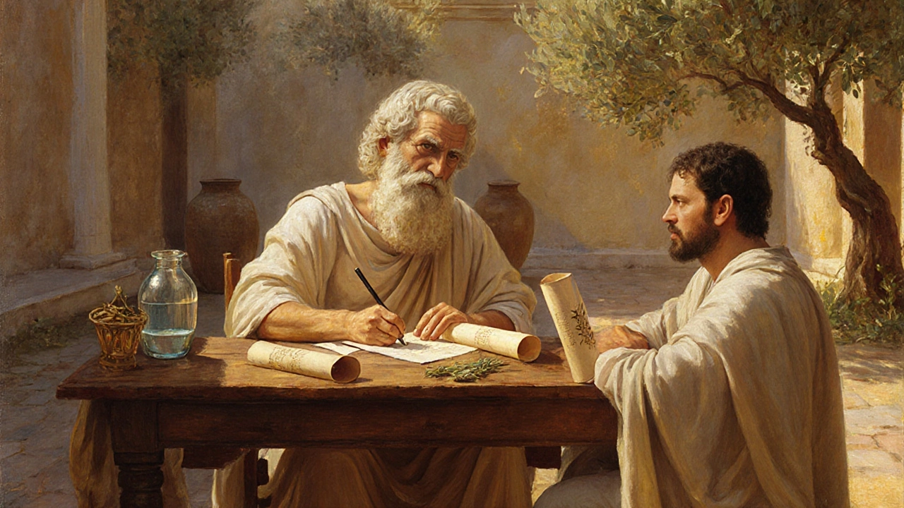 Гиппократ записывает симптомы пациента на папирусе в древнегреческом дворе.