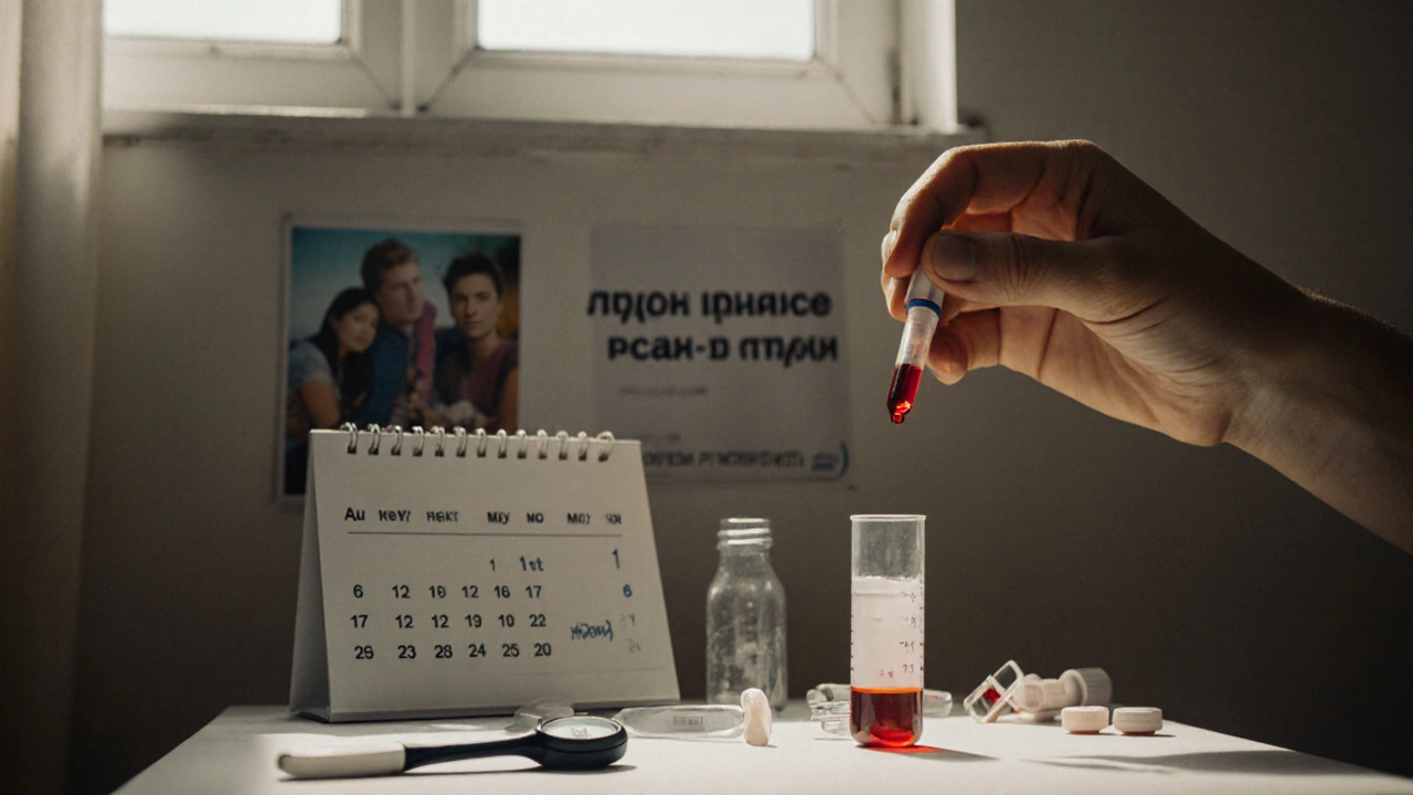 Капля крови в пробирке, рядом — медицинские инструменты и календарь с пометками о приёмах.