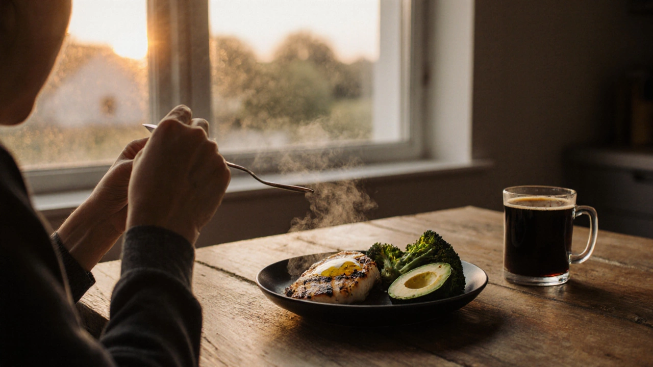 Кето-приём пищи: курица, брокколи, авокадо и оливковое масло на деревянном столе в тёплом свете вечера.