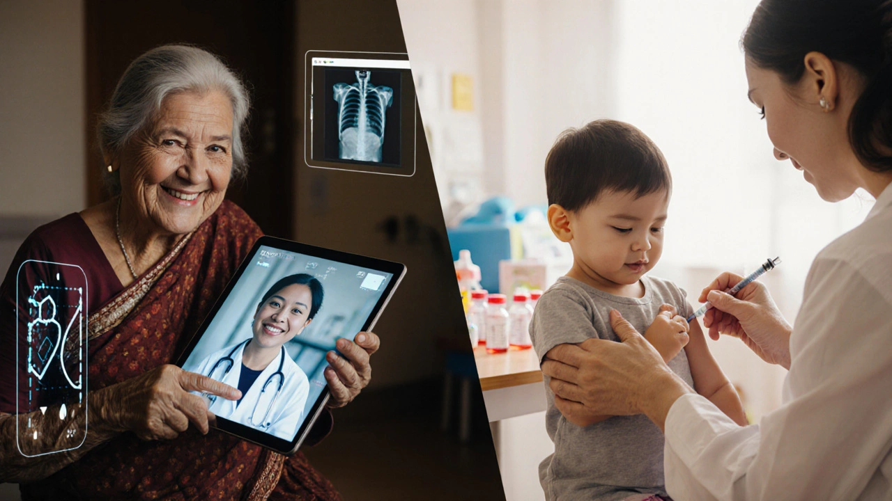 Пожилая женщина консультируется с врачом через планшет, ребёнок получает прививку в поликлинике.