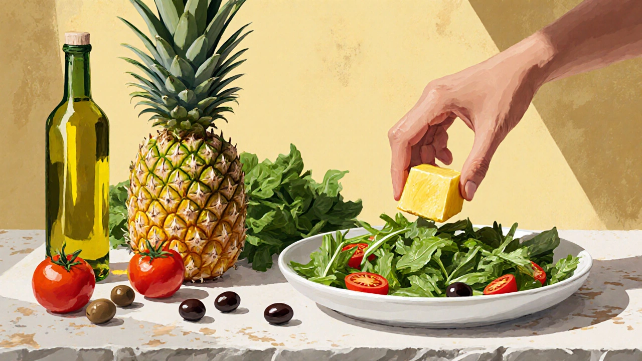 Рука кладет кусочек ананаса в салат с рукколой и помидорами в средиземноморской кухне.