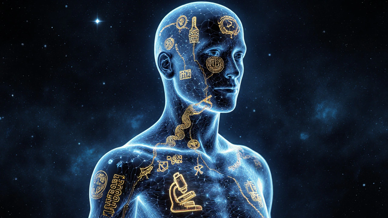 Схема человеческого тела, объединяющая историю медицины от древних рецептов до ДНК.
