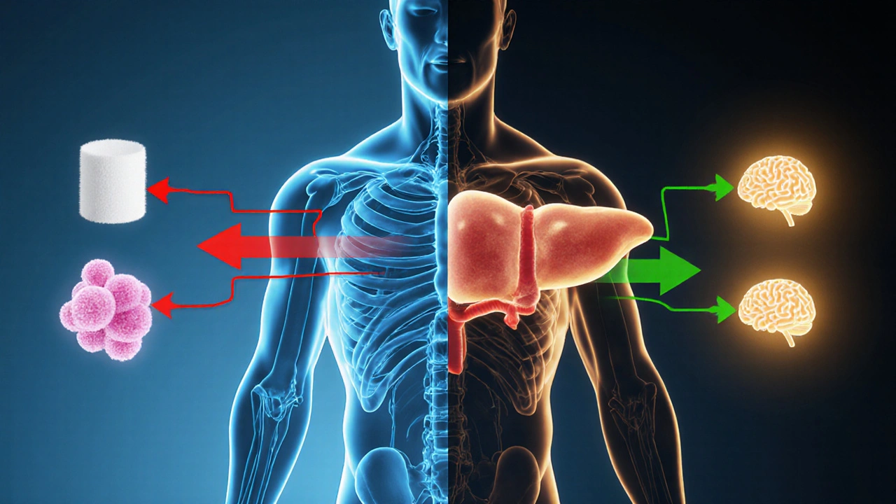 Схема метаболизма: слева — жир накапливается из-за сахара, справа — жир сжигается в кетозе, кетоны питают мозг.